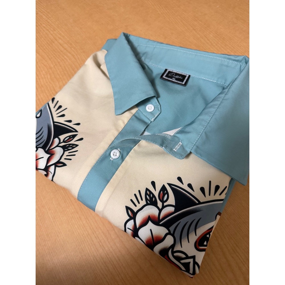 DaddyLoco Mens XL Blue Tattoo Shark Rose Graphic Short Sleeve Bowling Shirt